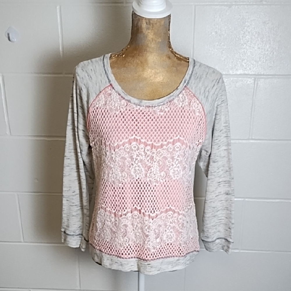 Jolt Cream Gray Peach French Terry Lace Long Sleeve Tee shirt